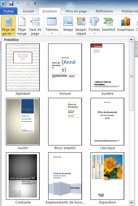 Insérer une page de garde dans Word 2010