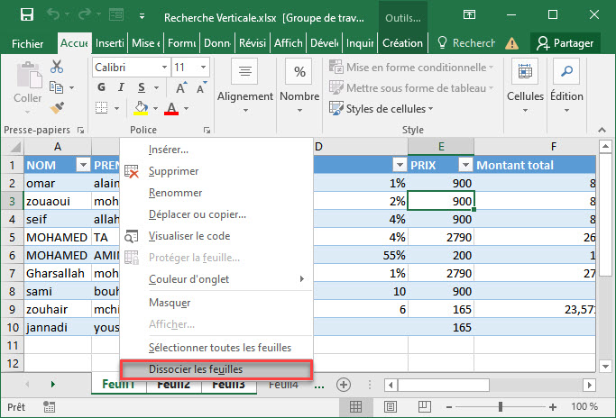 comment dissocier deux feuilles excel