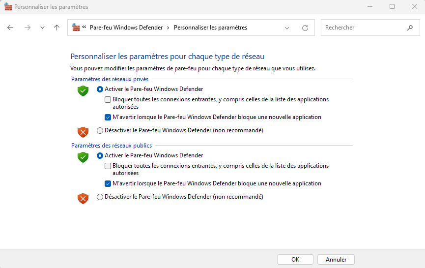 Paramètres pare-feu Windows 10