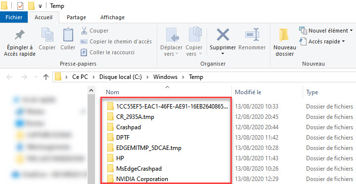 liste de fichiers temporaire windows 10