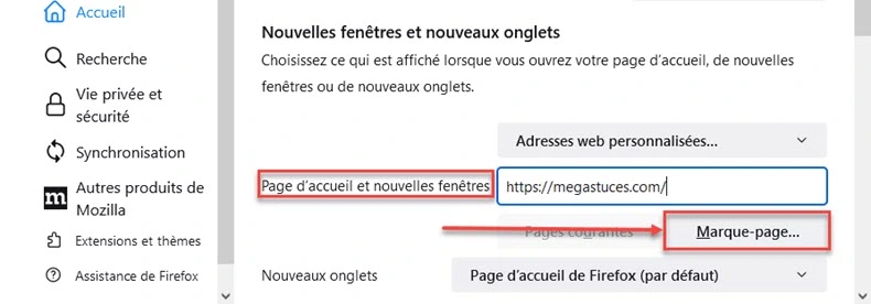 Utiliser marque-page comme page d'accueil firefox