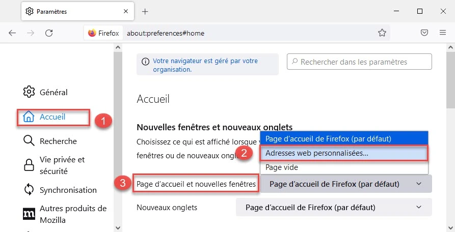 modifier la page d'accueil de Firefox