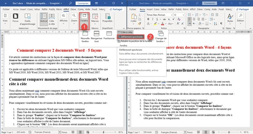 Défilement synchrone MS Word