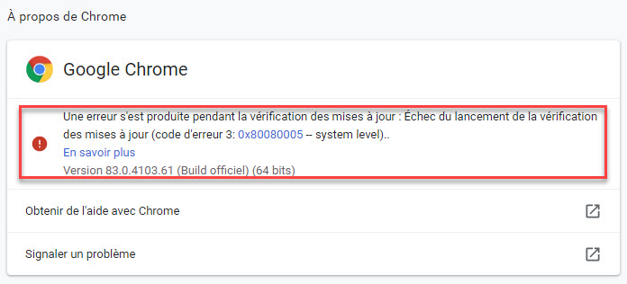 erreur dans la mise à jour automatique chrome