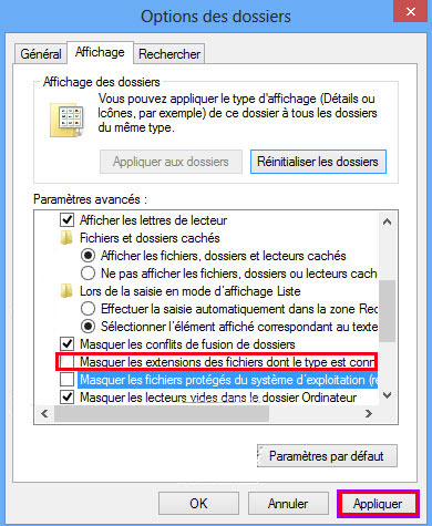 Options des dossiers Windows 8