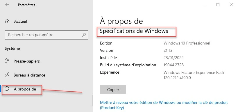 informations supplémentaires sur la version Windows 10