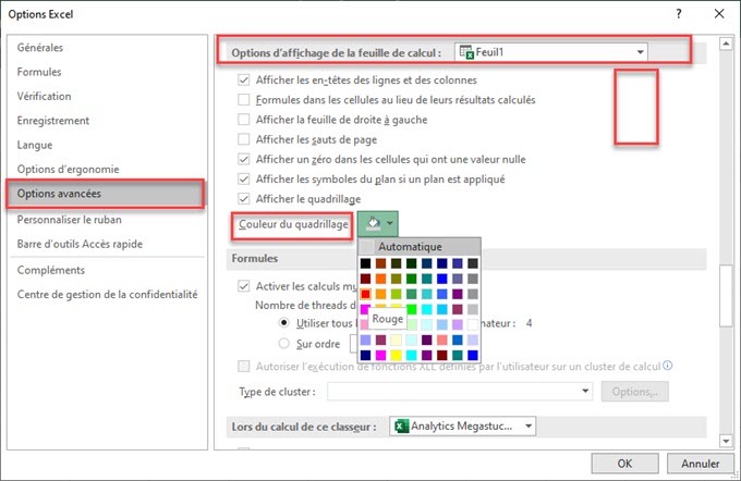 Options de couleur du quadrillage excel