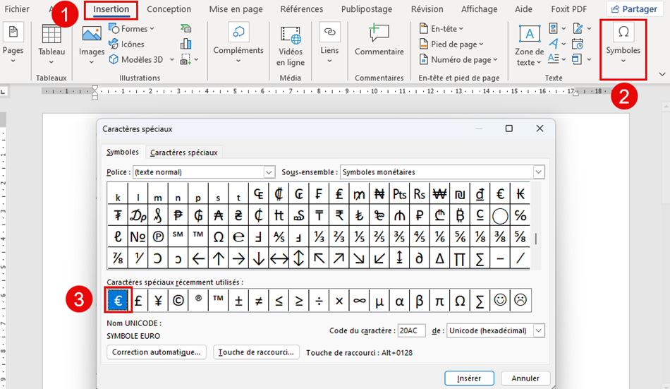 insérer le symbole Euro (€) dans Word