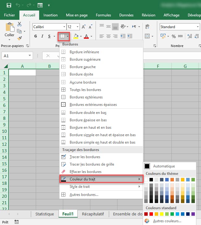 choisir la couleur de la quadrillage Excel