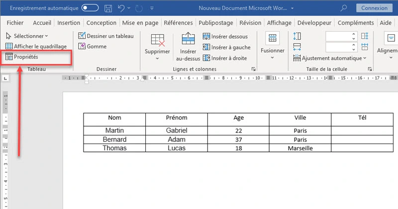 propriétés tableau Word