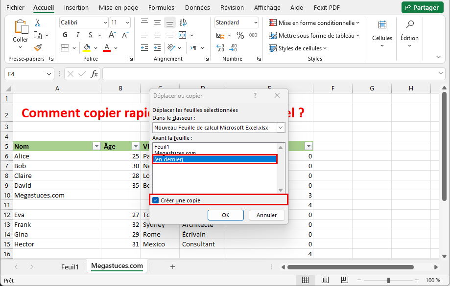 Créer une copie feuil Excel