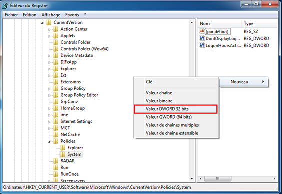 nouvelle valeur editeur registre windows 7