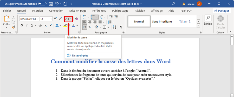 bouton Modifier la casse dans MS Word