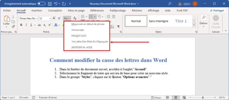  options permettant de modifier la casse des lettres