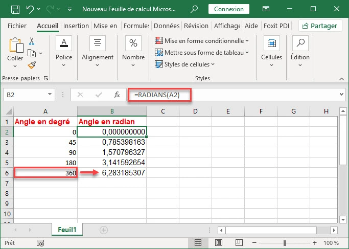 Convertir les degrés en radians dans Excel