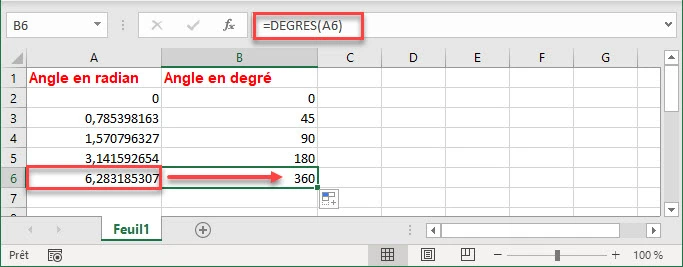 Convertir les radians en degrés dans Excel