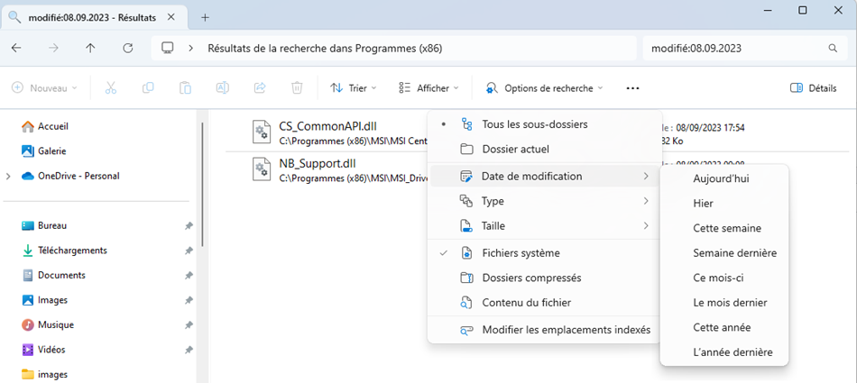 Options de recherche par date de modification Windows 11