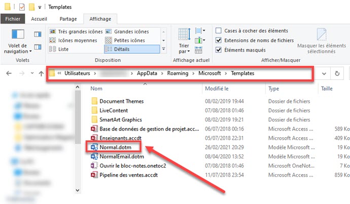 Afficher le fichier de modèle Word dans Windows 10