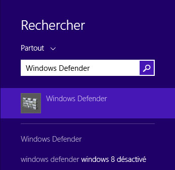 recherche Windows Defender