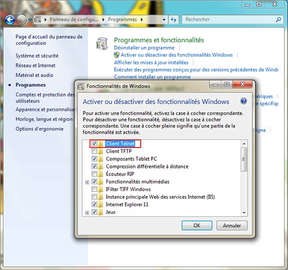 Activez commande Telnet Windows