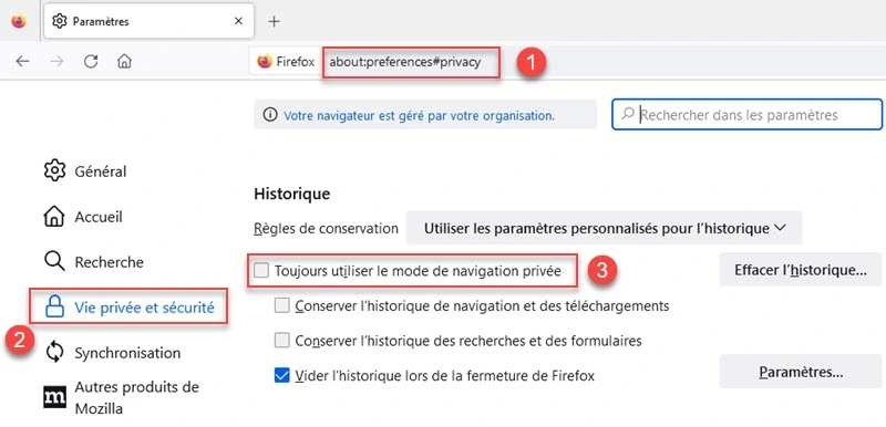 désactiver la navigation privée dans Firefox