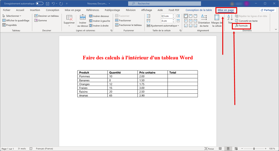 Faire des calculs à l'intérieur d'un tableau Word