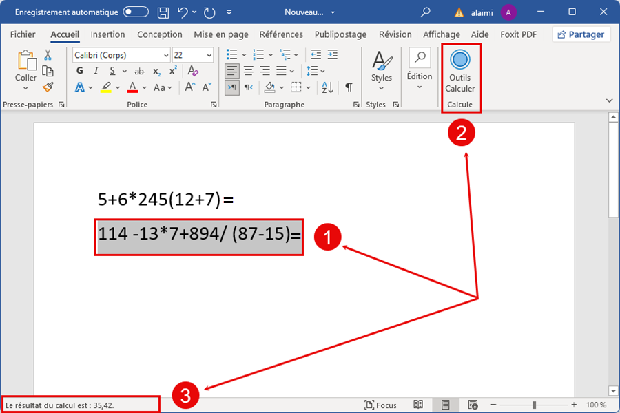 Calculer une équation dans Word étape par étape