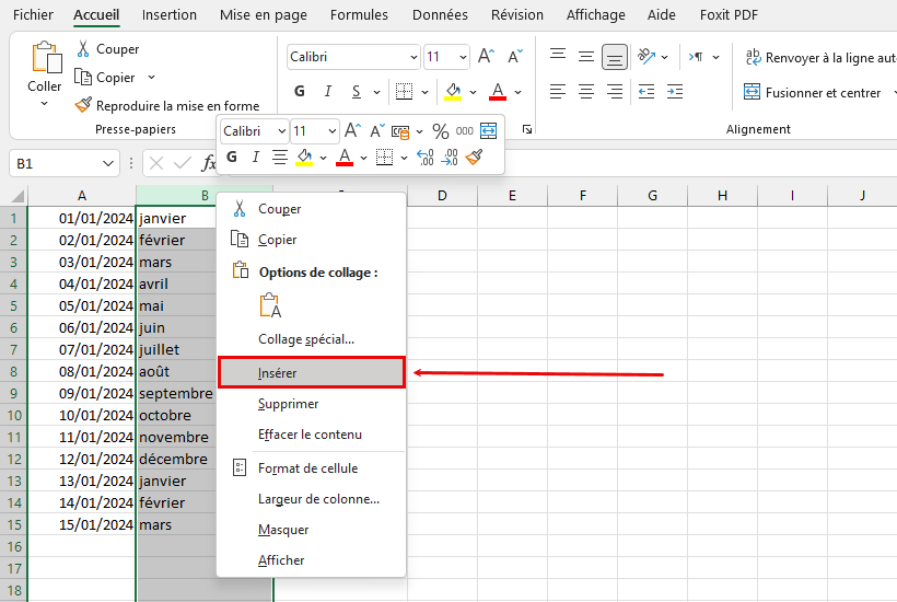 insérer une colonne vide dans Excel