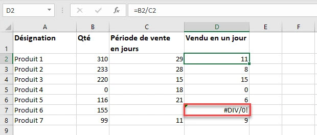 erreurs dans Excel