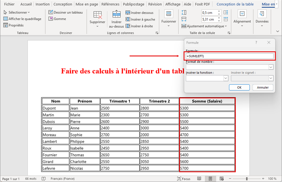 Le résultat final des calculs dans les tableaux Word