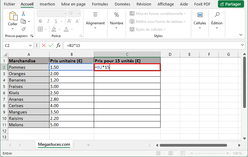 Multiplier une cellule par un nombre dans Excel