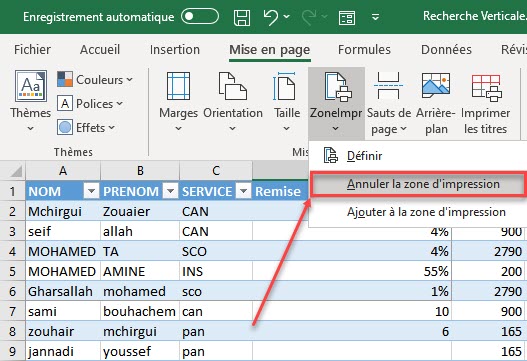 Annuler la zone d'impression excel