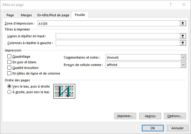 fenêtre Mise en page excel