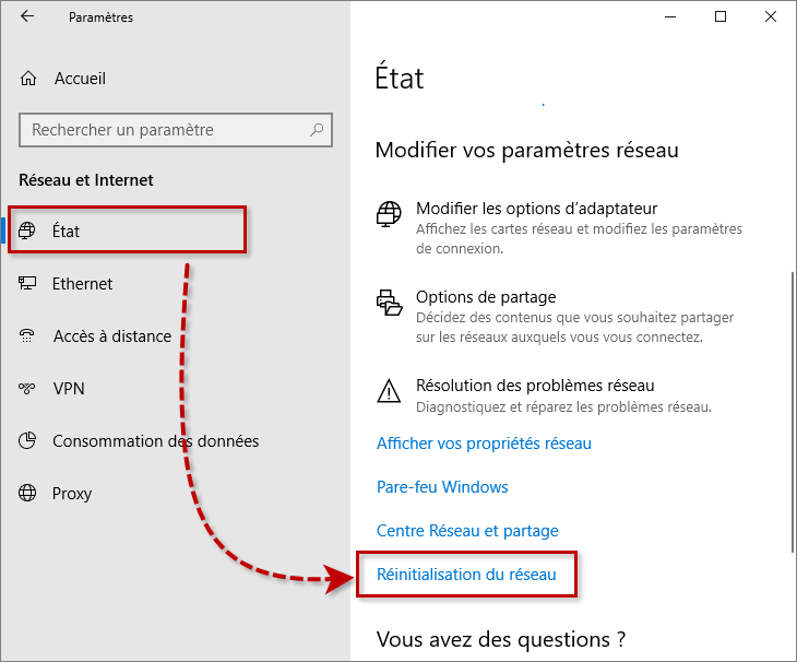 réinitialiser le réseau sous Windows 10 