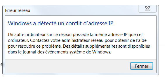 Windows a détecté un conflit d'adresse IP