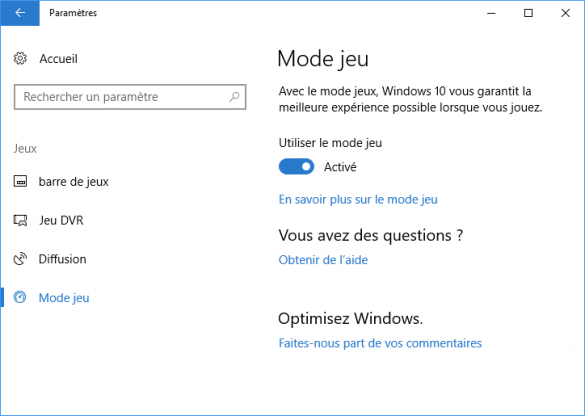 Activer / désactiver mode jeu Windows 10