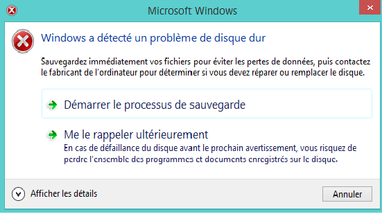 Windows a détecté un problème de disque dur