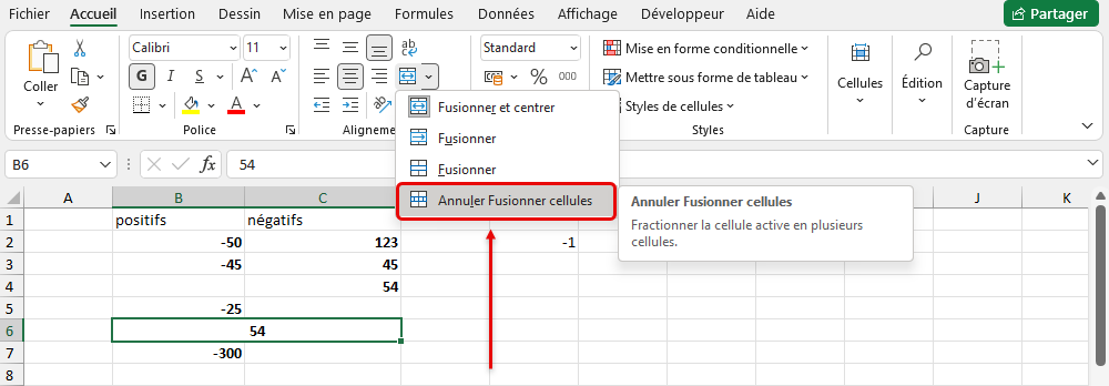 annuler la fusion des cellules