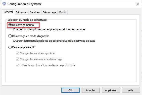 impossible de vider corbeille Windows 10: Démarrage normal