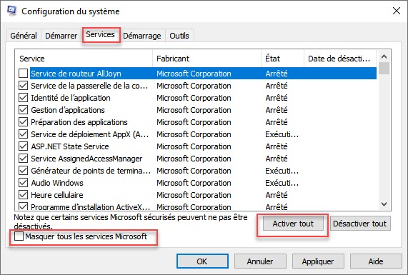 Activer services Microsoft