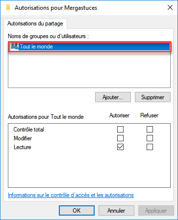 Autorisations de partage windows