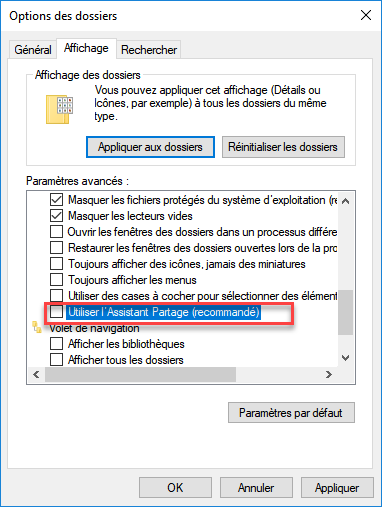 Options des dossiers windows 10