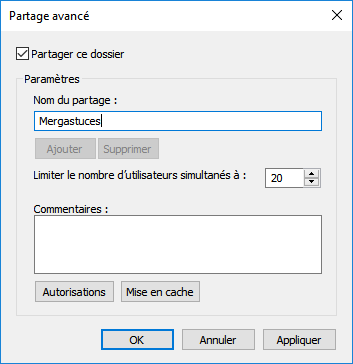 Nom de partage dossier windows