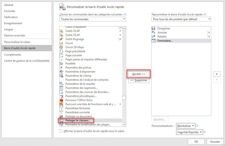 comment partager classeur excel 365