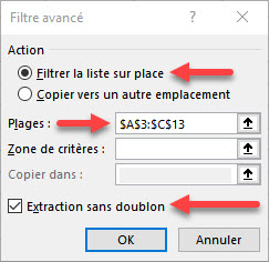 Extraction sans doublon excel