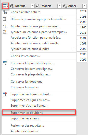 Supprimer les doublons en fonction de la table entière