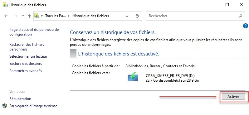 conservez historique fichier Windows 10