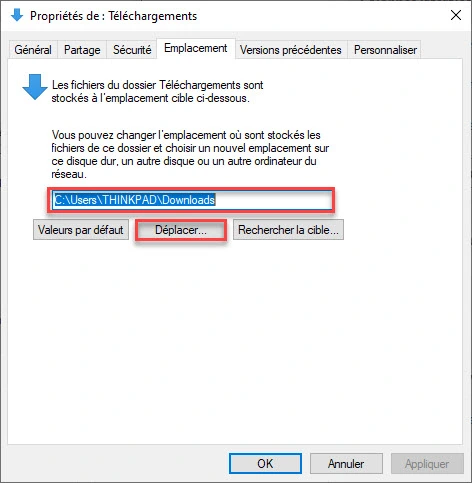 Changer le dossier de téléchargements Windows 10