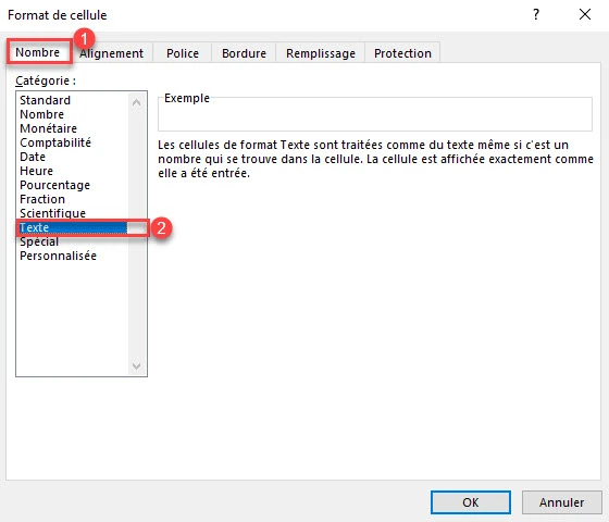 Changer le format de cellule MS Excel en texte