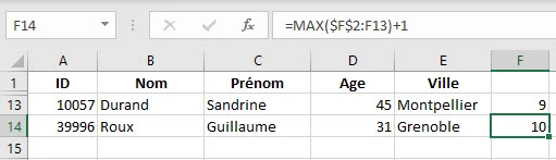 Fonction MAX pour numéroter ligne Excel